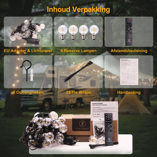 Verpakking met EU-adapter, 4 reservelampen, afstandsbediening, 8 ophanghaken, 35 tie wraps en handleiding.