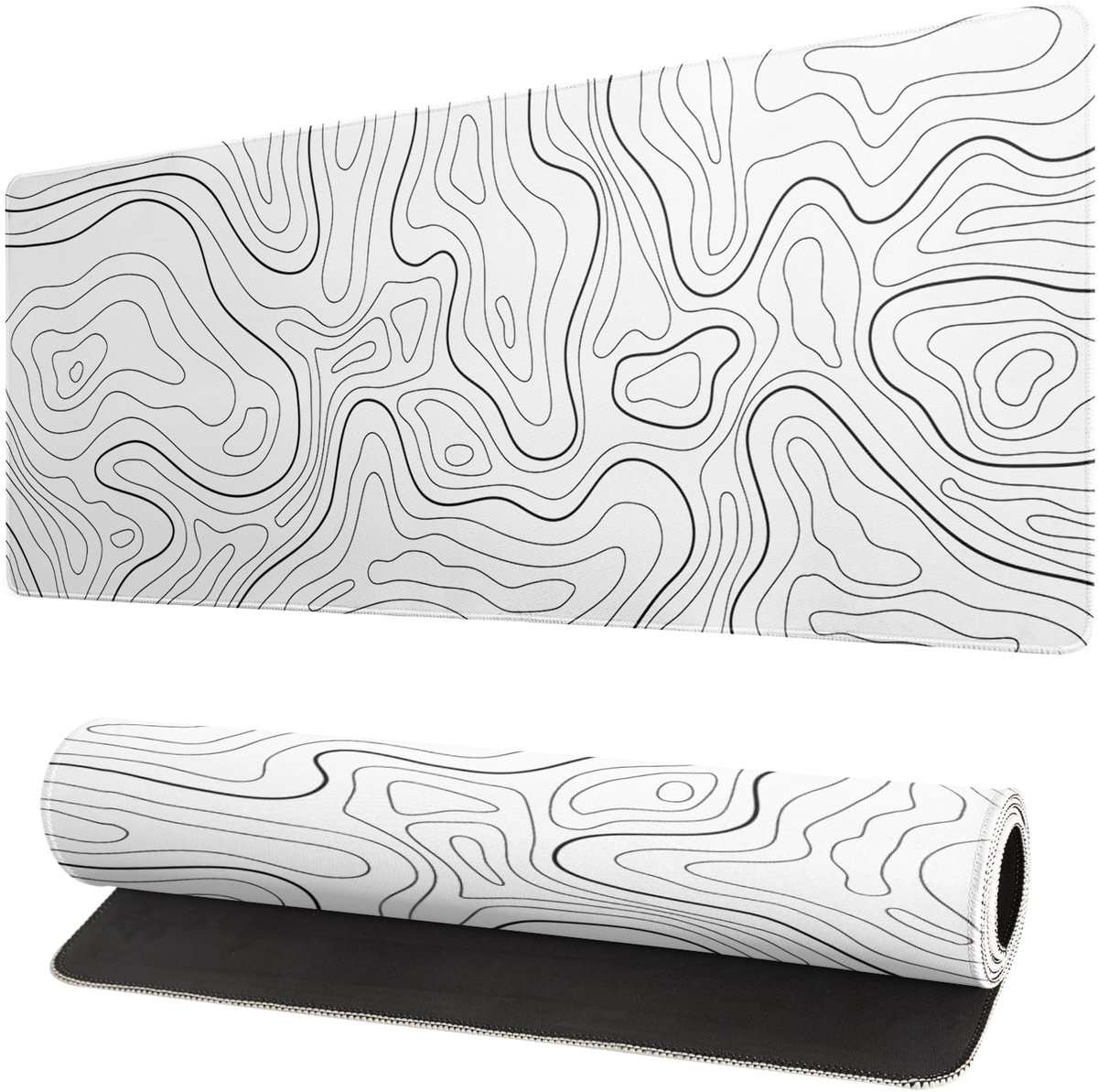 Gaming muismat - Grote Muismat 80 x 30 cm -Topografisch Contourpatroon - XXL Bureauonderlegger met Antislip Rubberen Onderkant - Waterafstotend en Gestikte Rand - Extra Lange Muismat voor Gaming, Kantoor en Thuis - Wit