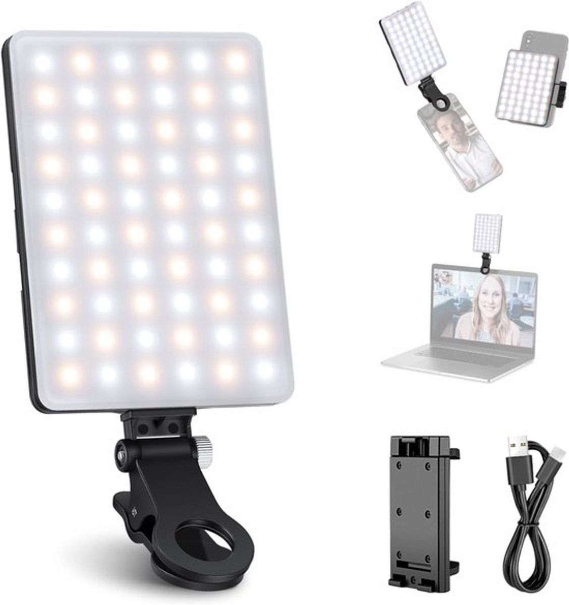 ZVD Selfielamp Met Telefoonclip - Led Ringlight Voor Telefoon En Laptop - 3 Lichtstanden En 60 Leds - Draagbare Clip On Video Light Voor Online Vergaderingen - Usb Oplaadbaar - Compact En Gelijkmatige Verlichting - Zwart