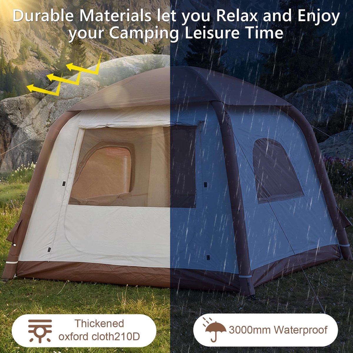 SnelShoppen - Opblaasbare Campingtent voor 2-4 Personen, Huttent met Zonsonderdak, Eenvoudige Montage, Waterdichte Oxford Outdoor Tent voor Glamping,
