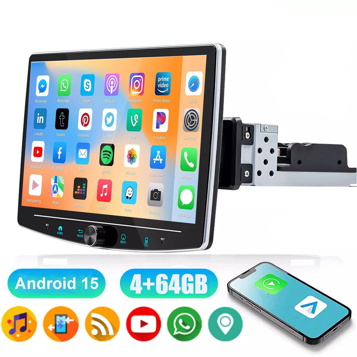 ESSGOO 1DIN Autoradio auto met 10,1 Inch 360° draaibaar scherm - autoradio geschikt voor CarPlay en Android auto - Android 15 4 + 64 GB - Bluetooth FM RDS - multimediaspeler