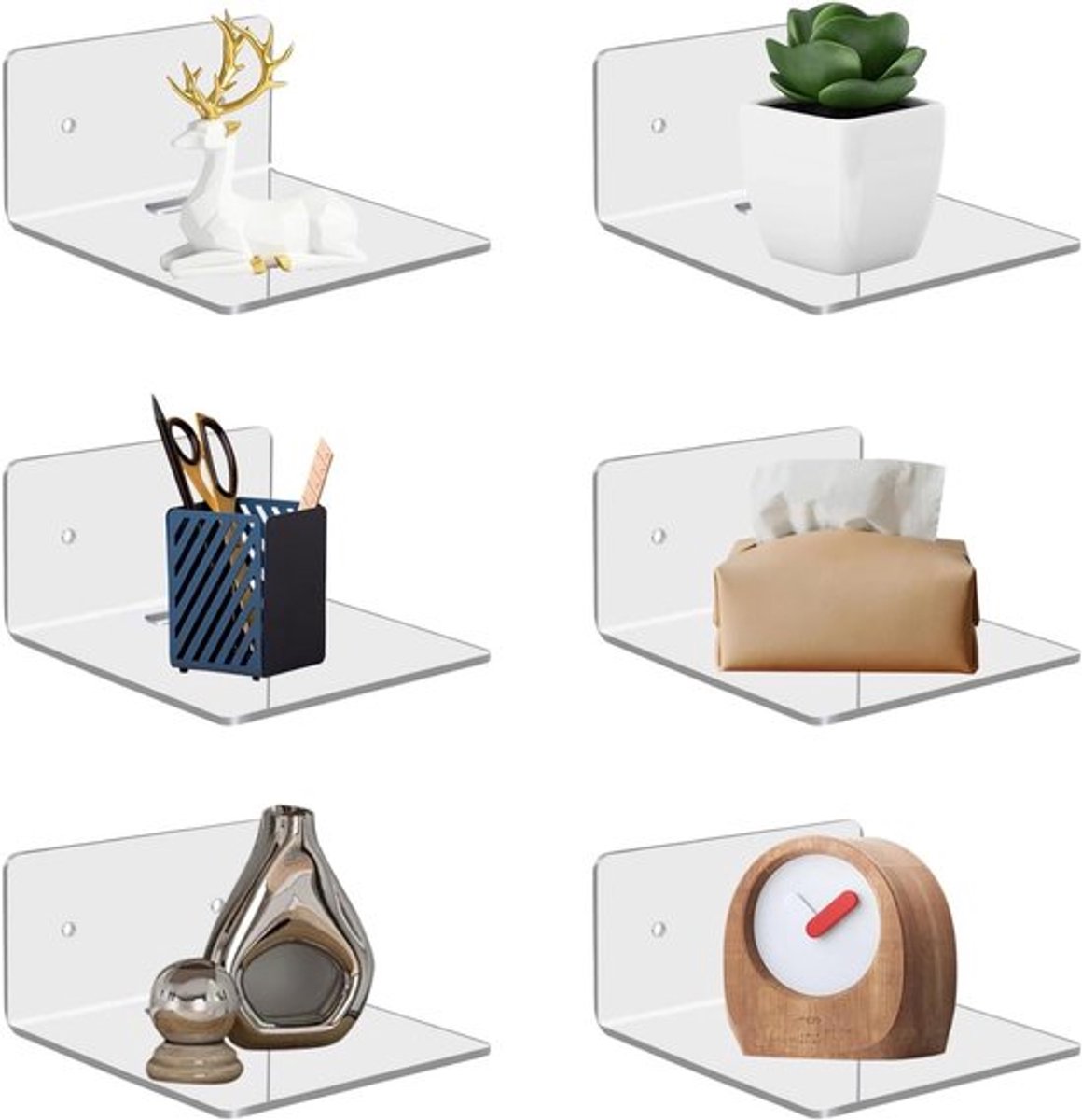 Set van 6 Transparante Acryl Wandplanken van 10 cm - Driehoekige Floating Planken zonder Boren, Zelfklevend, Ideaal voor Woonkamer, Badkamer, Keuken en Kantoor