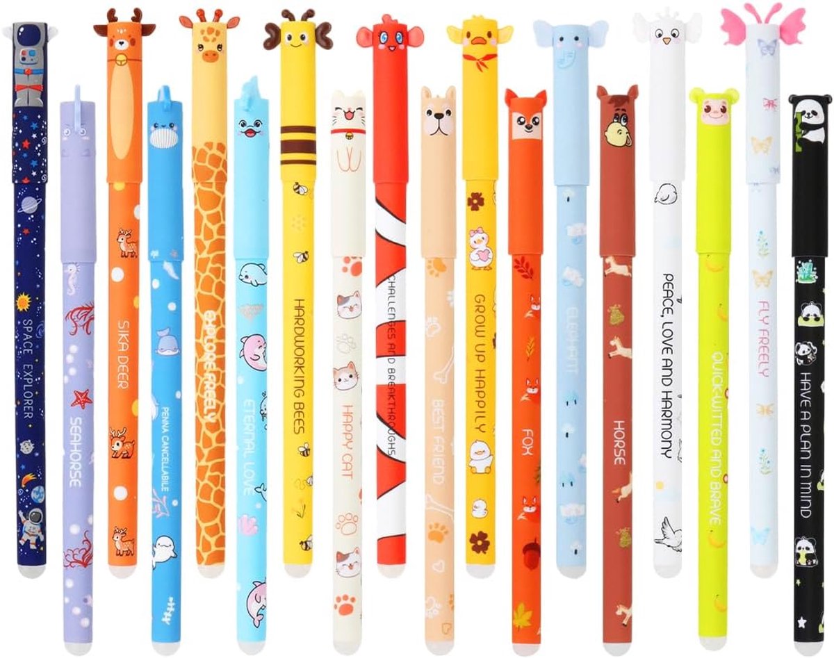 Thijox - 18 Uitwisbare Gelpennen met Diermotieven, 0,5 mm Punt, 8 Inktkleuren, Perfect voor School, Kinderen, Creatief Schrijven, Cadeau voor Verjaard