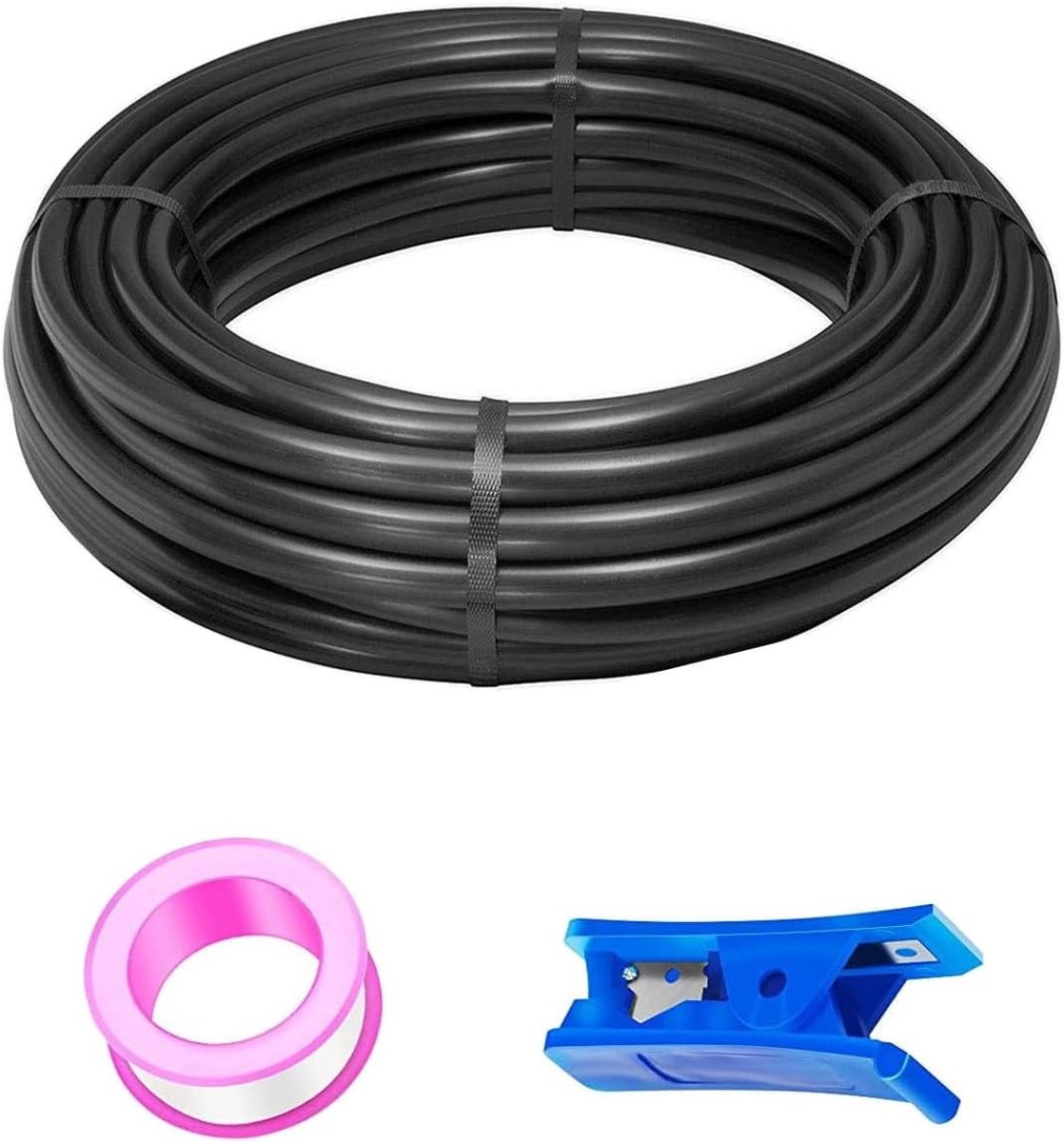 Zwarte PU Pneumatische Slang 20 m - Compressed Air Hose 10 mm Buiten, 6.5 mm Binnen, Inclusief Blauw Pijpsnijder en Teflon Tape