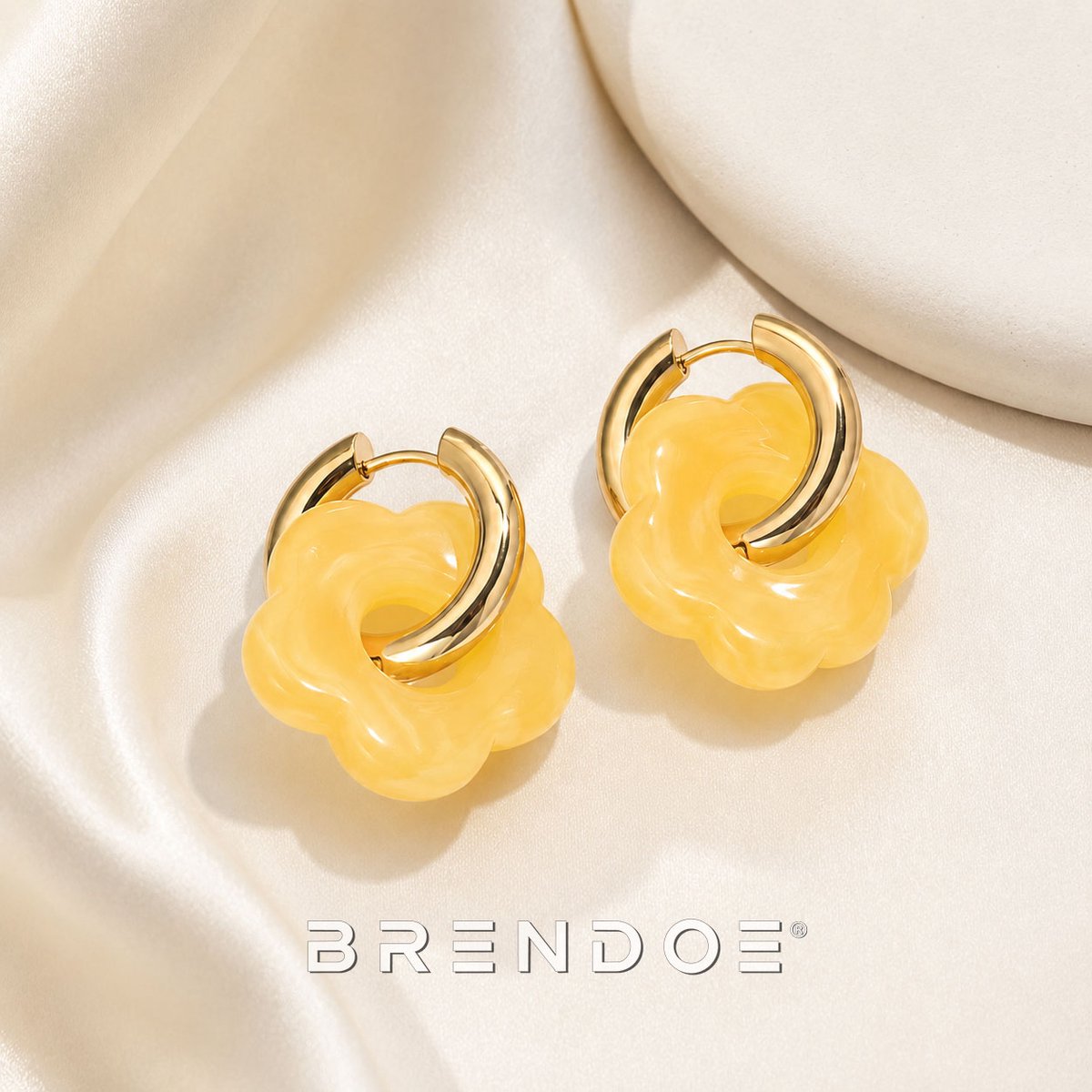 Brendoe Bloem Oorringen Geel – Goudkleurige Oorbellen met Afneembare Acryl Bloem – Dames