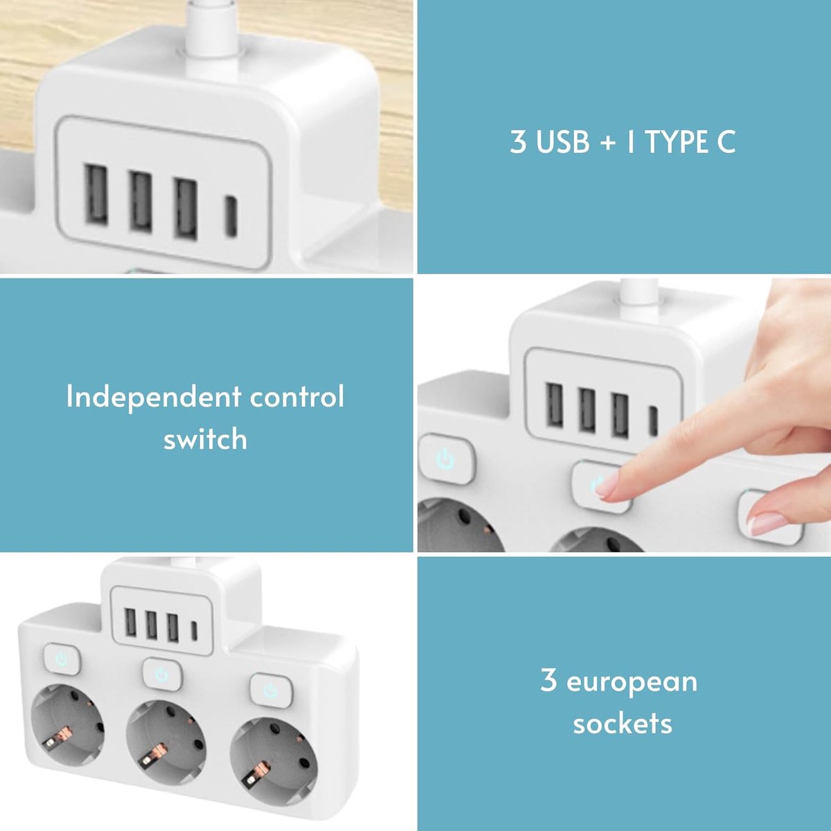 Thijox - Stekkerdoos met Schakelaar en Beveiliging, USB & USB-C Aansluitingen, 220-250V, Drievoudige Muur Stekkerdoos voor Thuis, Keuken en Kantoor -