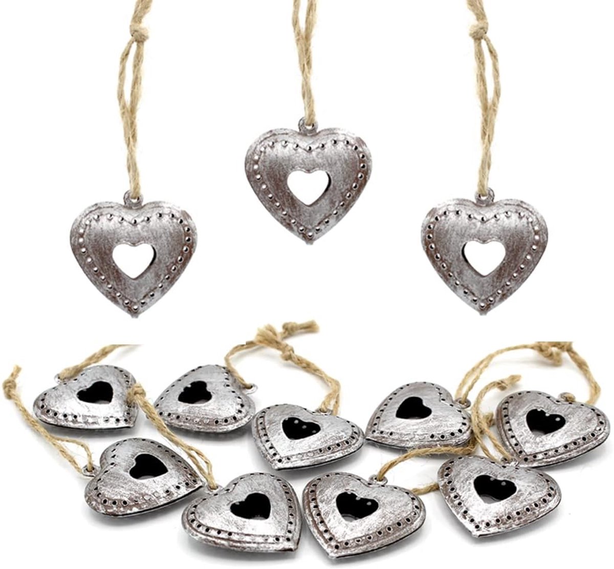 LB H&F PO LO Set of 12 Decorative Heart Pendants Vintage Decorative Metal Silver Nostalgia - ShopVlot