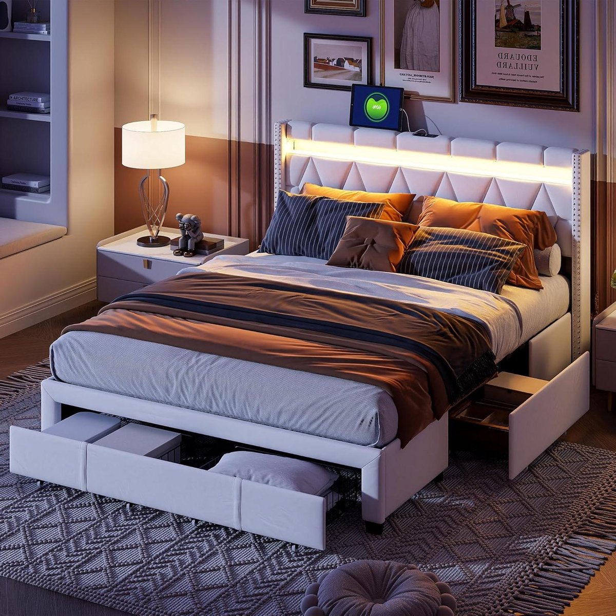 Gestoffeerd Bed - Dubbel Bed - Slaapkamer Inrichting - Met Opbergruimte - 160x200 cm - Beige