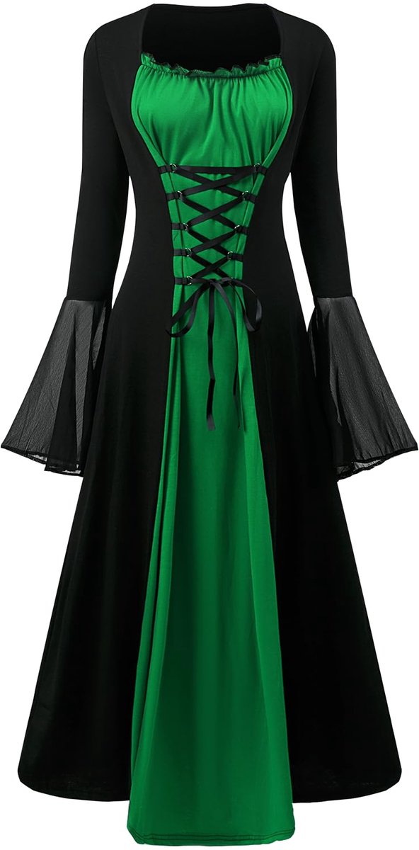 SnelShoppen - YRTBGD Renaissance kostuum voor vrouwen met trompetmouwen, gotische jurk in groen, middeleeuwse kleding voor dames, perfect voor Hallowe