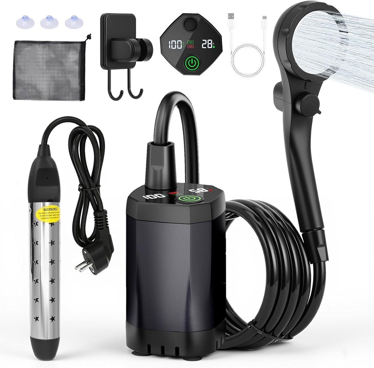 SnelShoppen - Oplaadbare Campingdouche 6000 mAh met Verwarmingsstaaf, Draagbare Buiten Douche met Digitaal Display voor Strand, Auto, Tuin en Dieren (