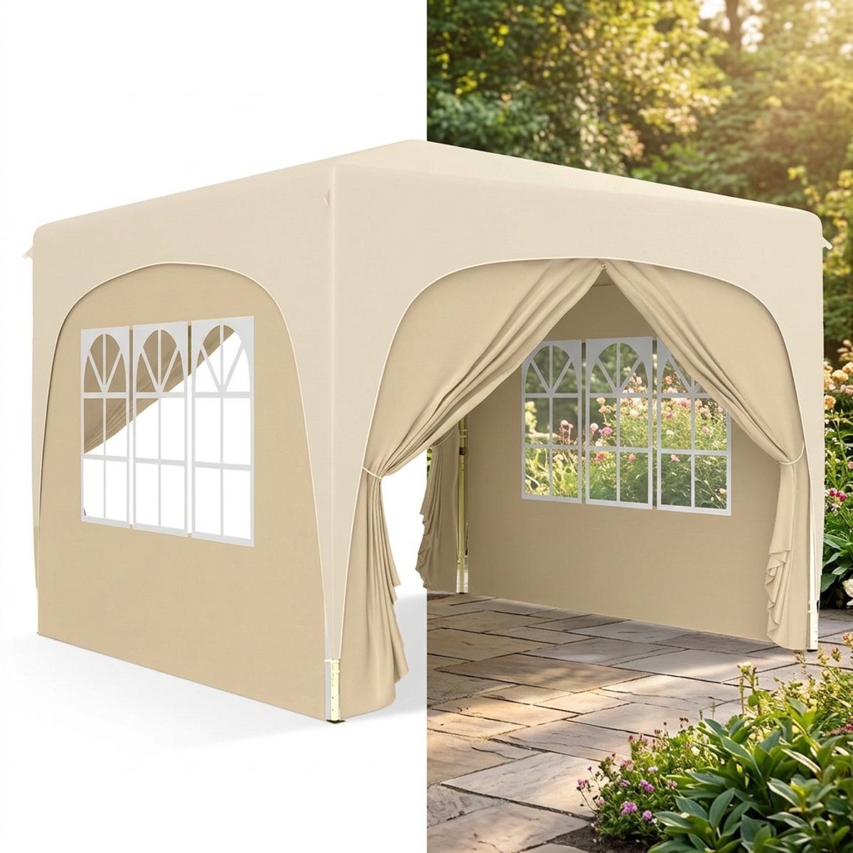 Partytent - 3x3 m - Zijwanden - Easy Up - Paviljoen - Opvouwbaar - Waterdicht - Weerbestendig - Zand