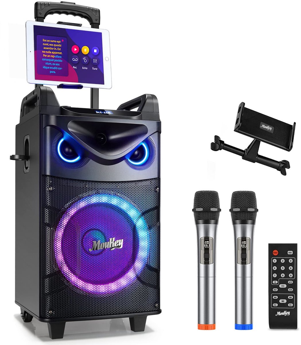 SnelShoppen - Professionele Karaokemachine met 25,4 cm Subwoofer, Bluetooth Luidspreker, 2 Draadloze Microfoons, Tablethouder, Discolampen, Afstandsbe