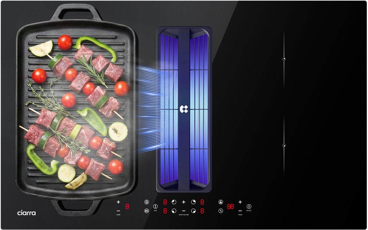 CIARRA ONE VMB834BBFEH - Kookplaat met Afzuigkap 83 cm Inductiekookplaat 4 zones Wasbaar, herbruikbaar en droogbaar Zeolietfilter Plasma⁺-Systemm Flex Zone Boost 7165 W
