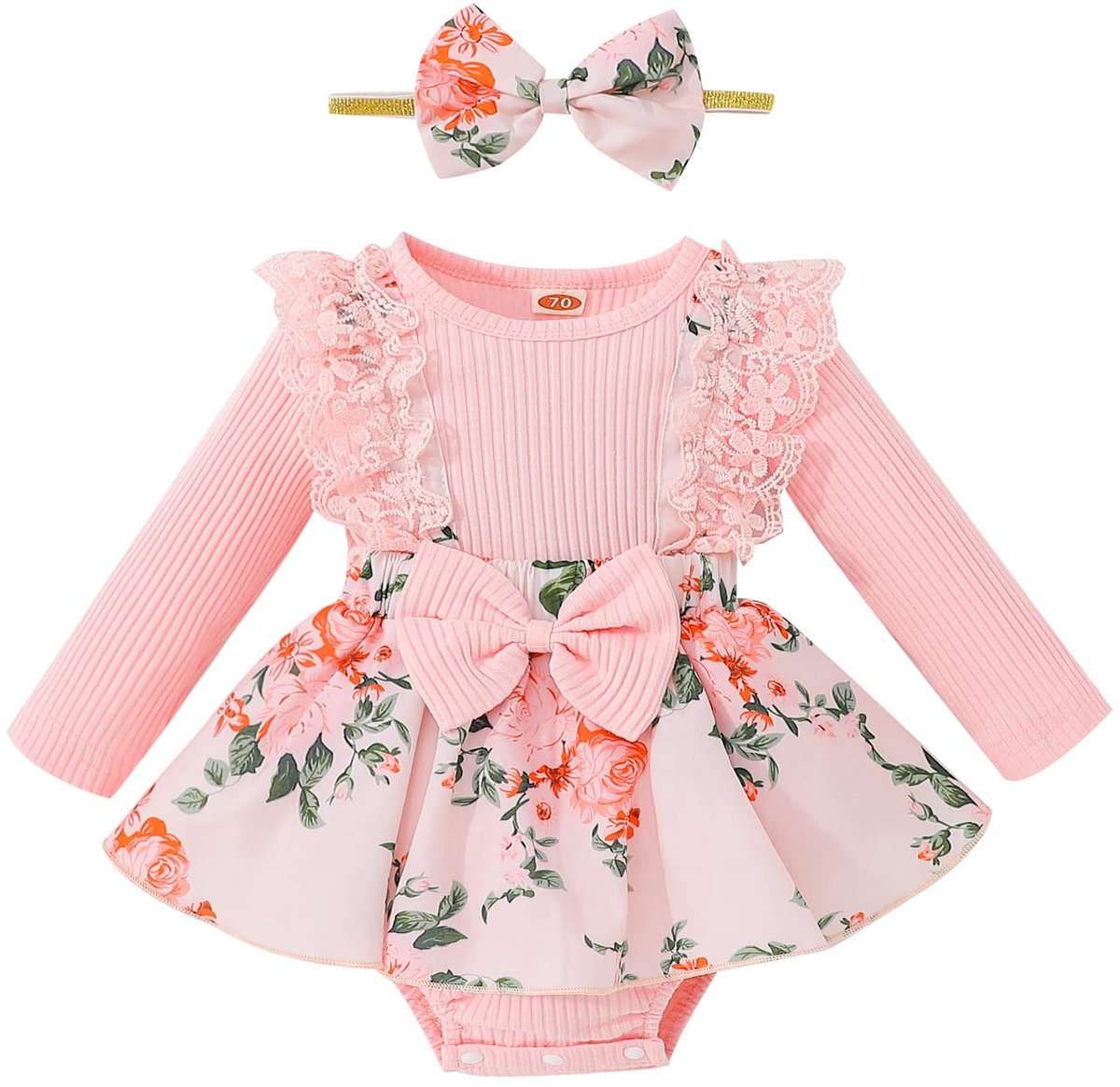 SnelShoppen - Baby Meisje Romper Jurk Strik Print Puff Korte Mouw Jumpsuit met Hoofdband Set - Casual Pasgeboren Meisjes Kleding 2-delige Outfits 6-12