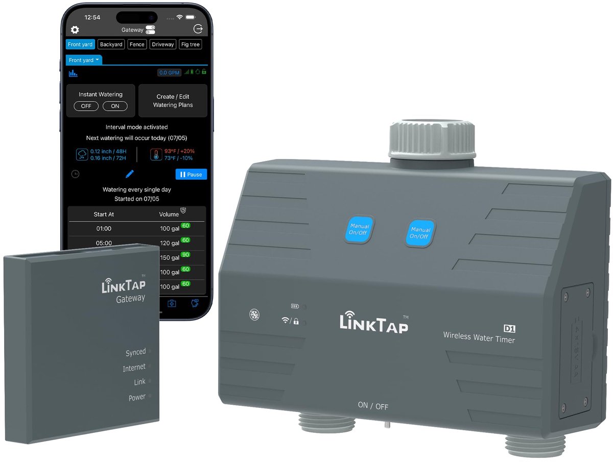 SnelShoppen - LinkTap D1 Draadloze Besproeiingscomputer, Slimme Slangtimer met 2 Zones, Ingebouwde Stroommeters, Valdetectiesensor, Ruimer Bereik dan