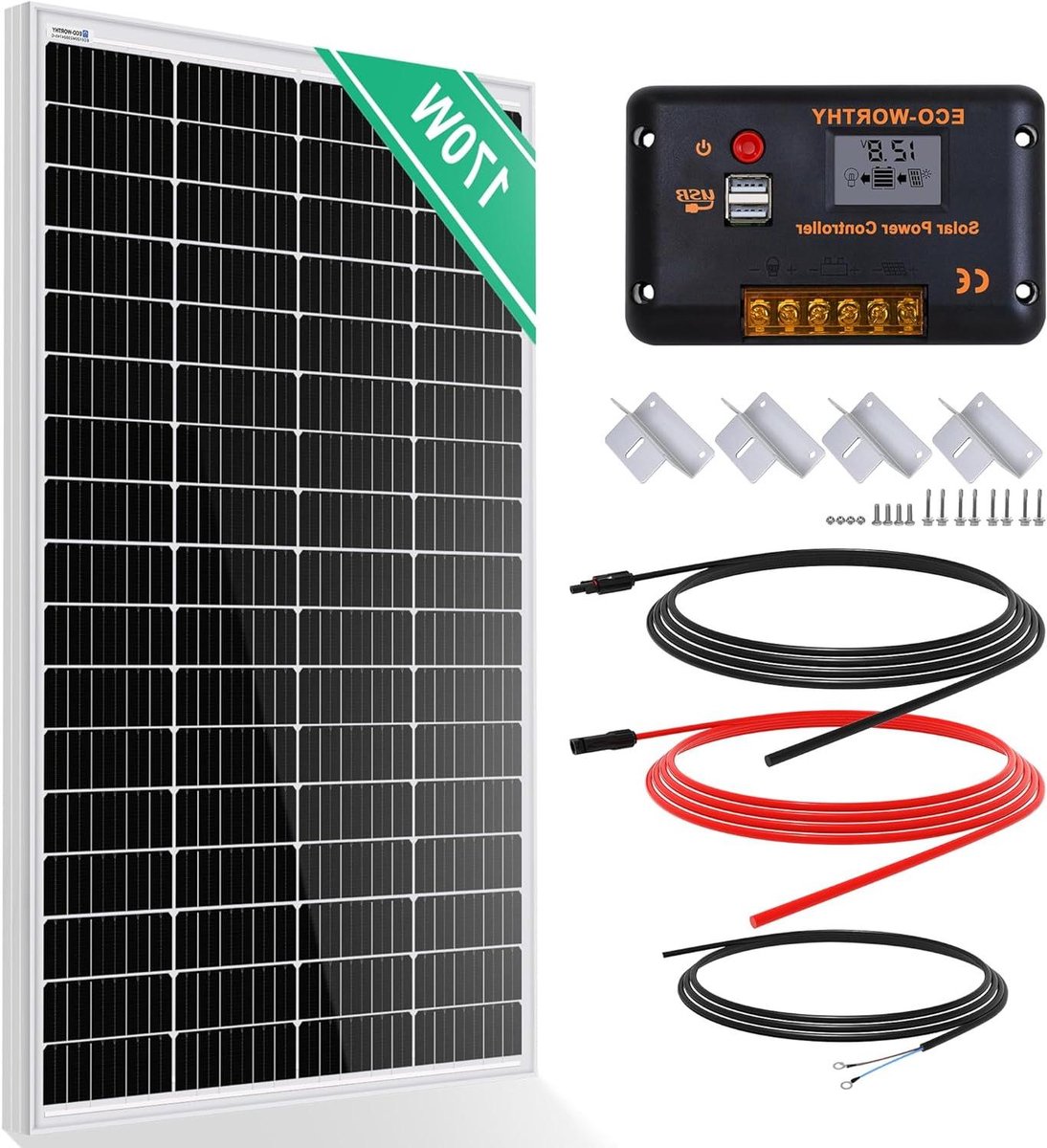 Zonnepaneel Kit - Energie Set - Off-Grid Stroom - Monocrystalline Cellen - 170 Watt - Zwart