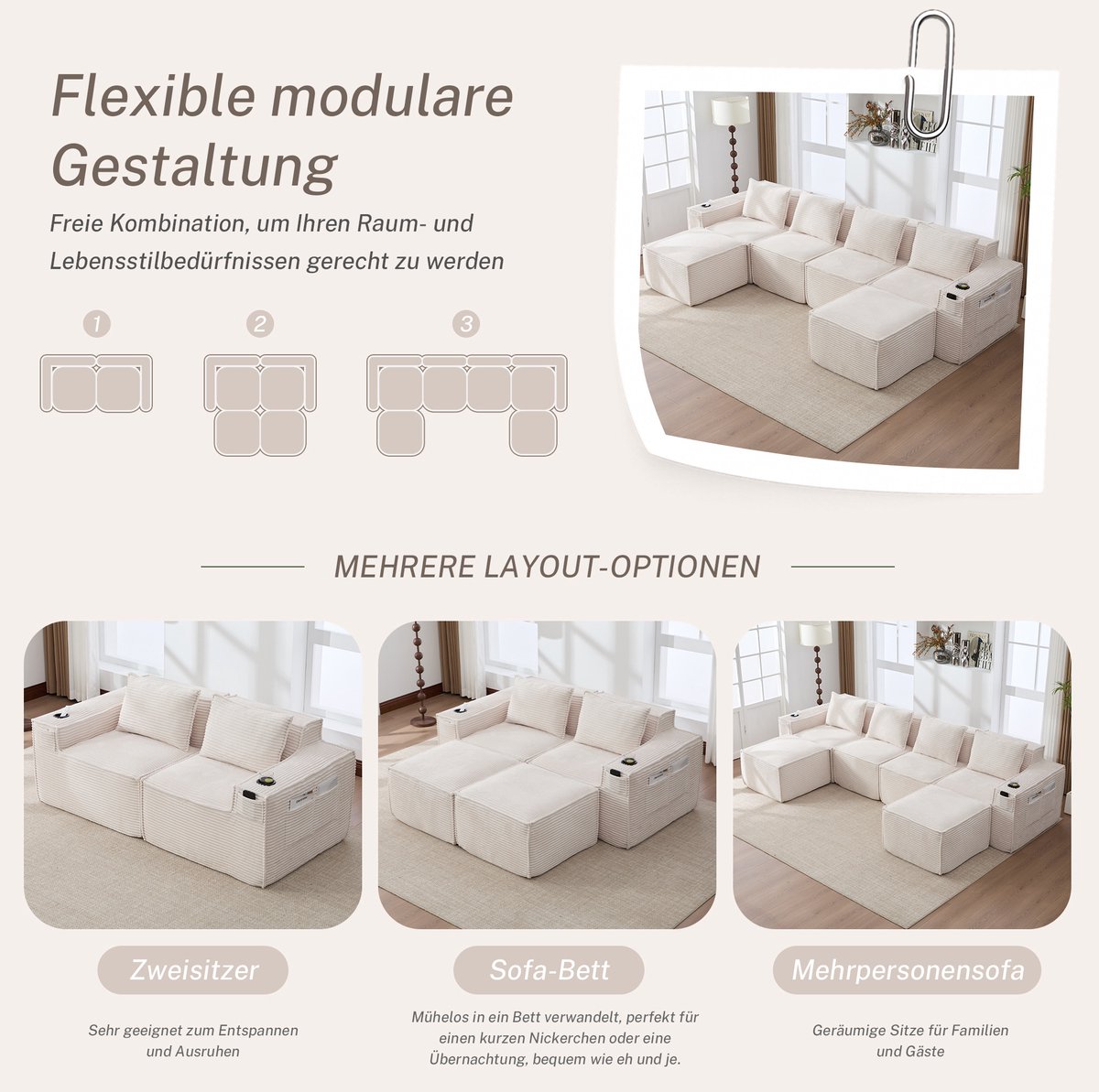 OKWISH Zitbank 330 x 162 cm - Modulaire 4-Zits Met 2 Hockers, Bekerhouders En Zijvakken - Voor Woonkamer Of Appartement - Corduroy - Beige