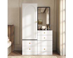 COVREO Kledingkast 90x50,5x160 cm zwart wit, MDF met spiegel en lades