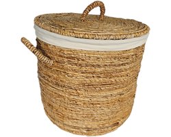 Waterhyacint Wasmand Groot Ø55cm | Linnen Voering & Gevlochten Handvaten | Deksel | Badkamer