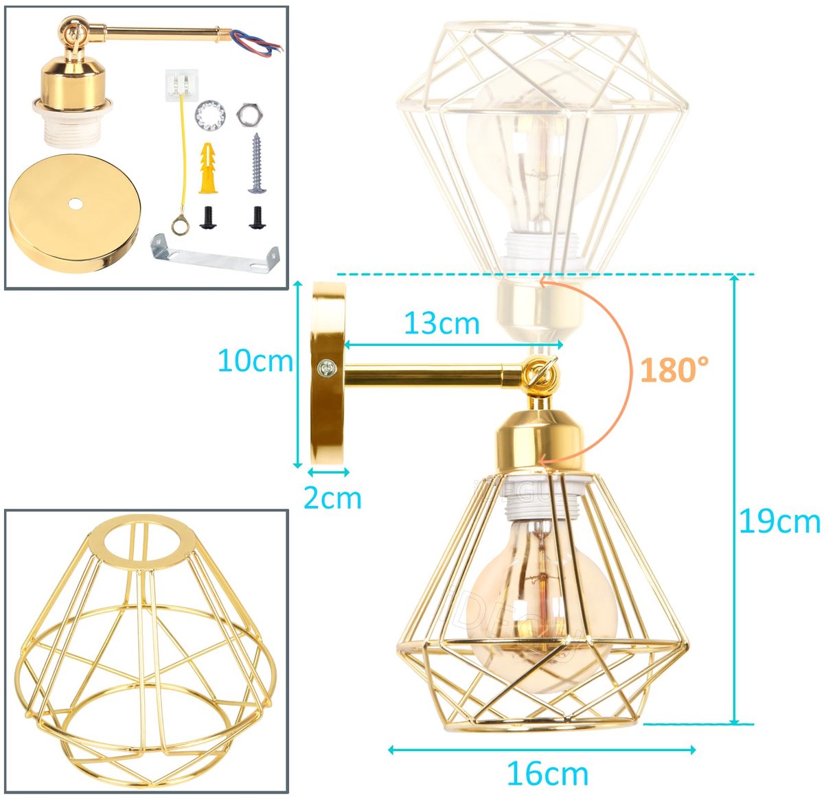 SnelShoppen - iDEGU 2 stuks vintage wandlamp 16 cm - industrieel design geometrische kooi - ijzeren lampenkap retro lamp - verstelbare plafondlamp voo