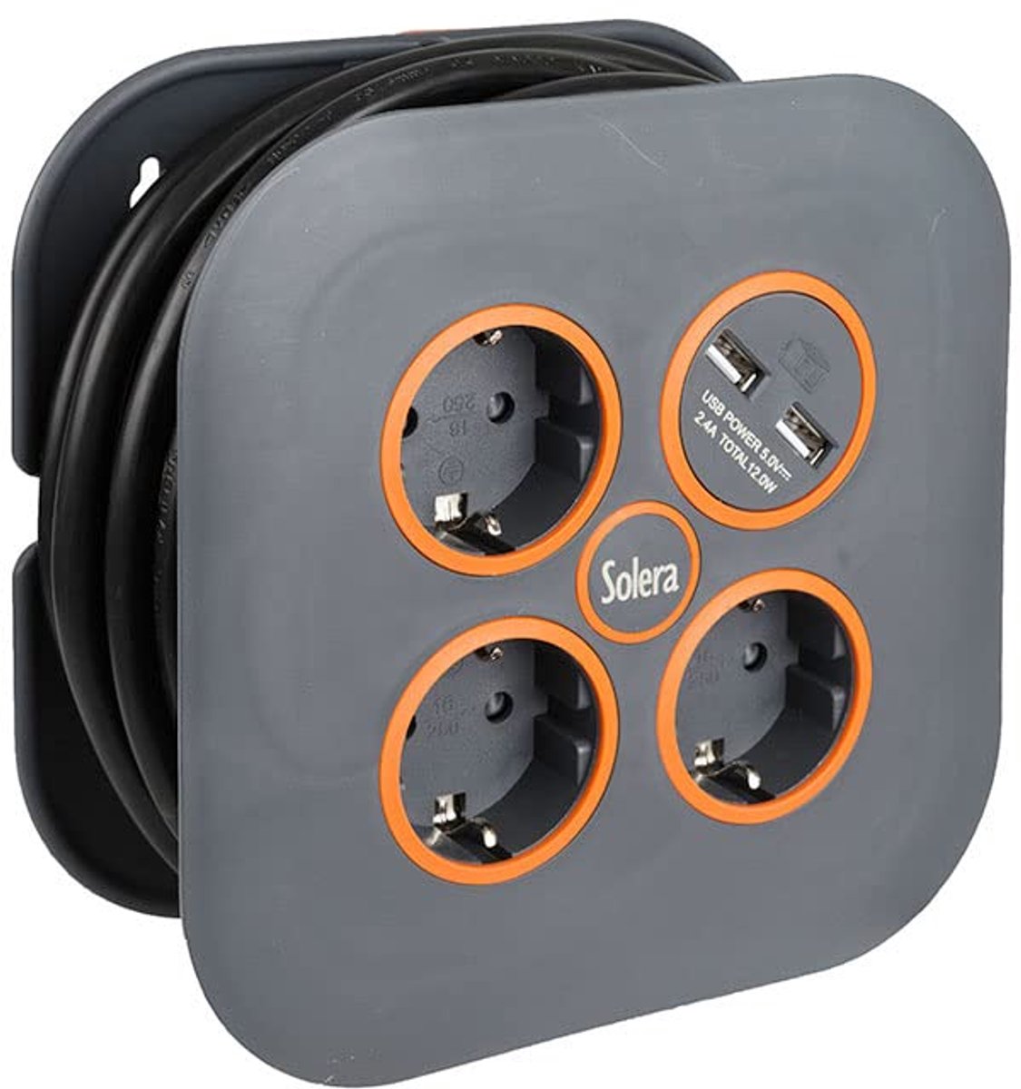 SnelShoppen - Kabelhaspel 3 Stopcontacten 2P+T en 2 USB - Ideaal voor Thuis, Kantoor, Camping - Compact en Handig Opladen in Zwart
