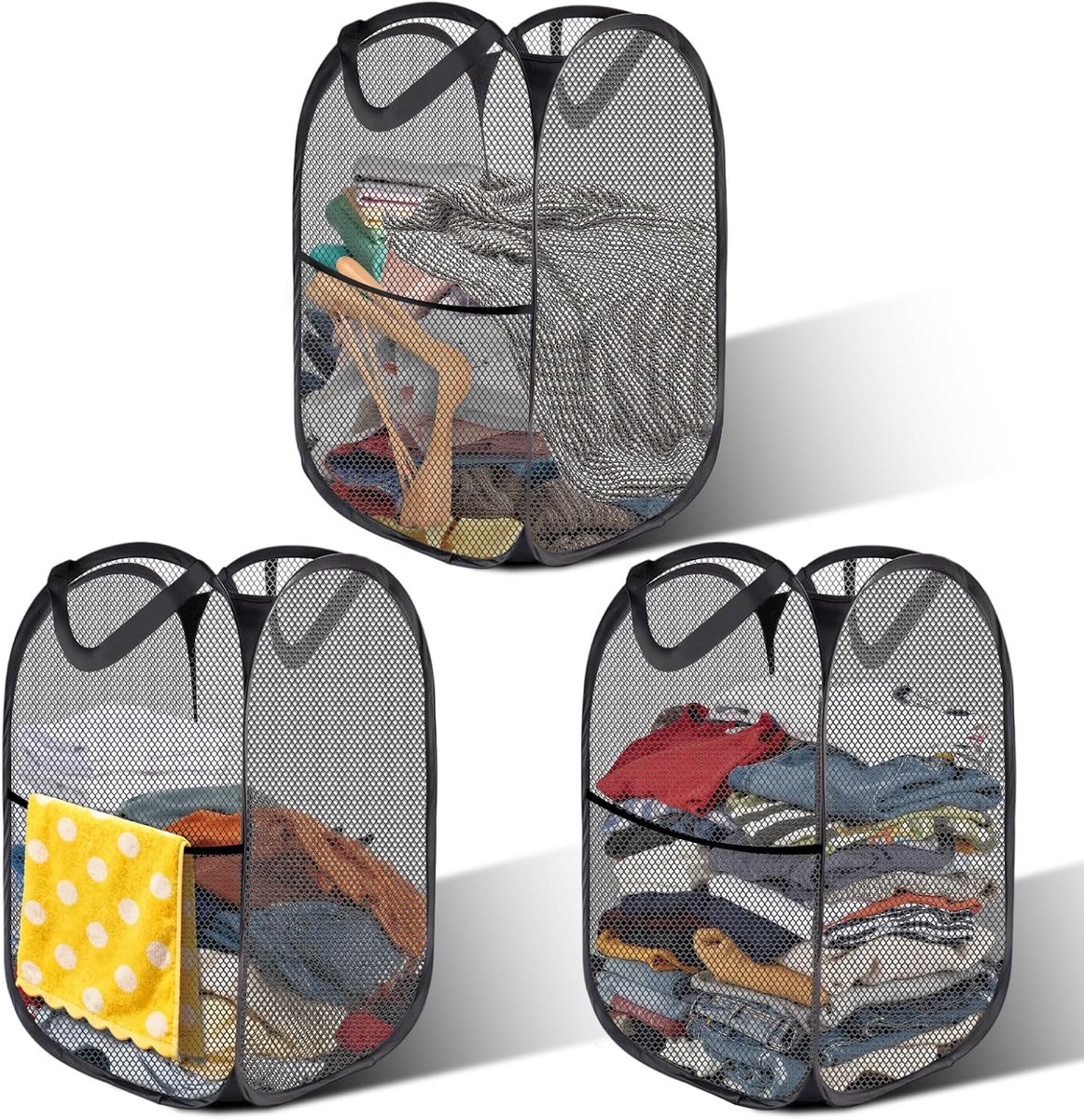 SnelShoppen - 3 stuks opvouwbare wasmanden, 36 x 36 x 58 cm, zwart - Bacteriënremmend, Ruimtebesparend voor Kleding, Perfect voor Thuis, Camping en Hu