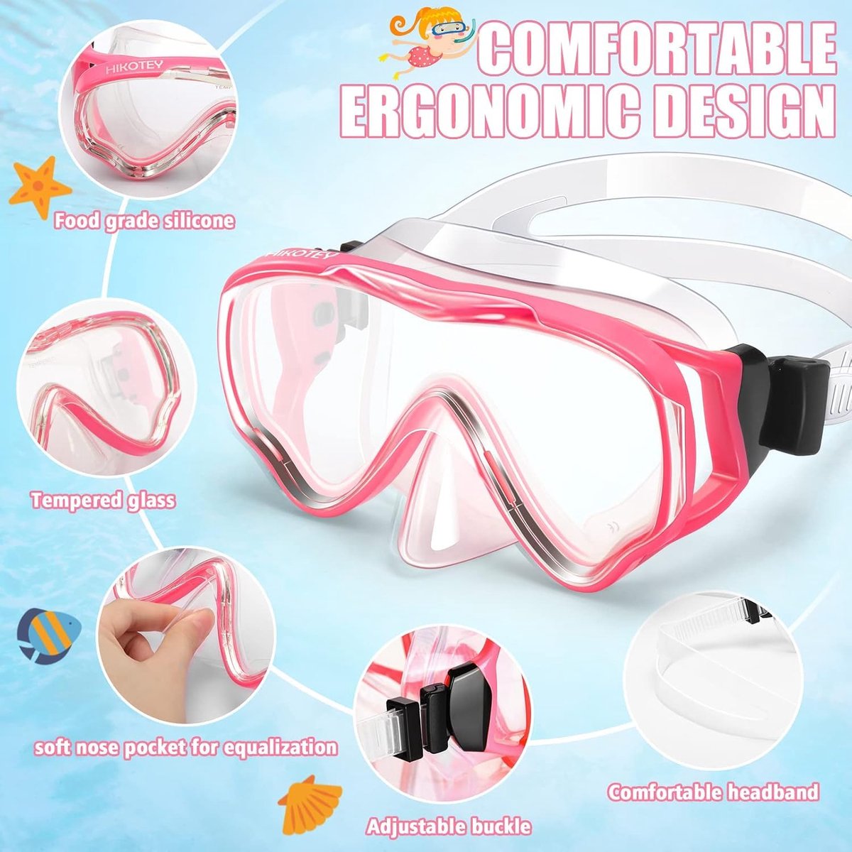 SnelShoppen - Snorkelset voor Kinderen, Anti-condens, Droge Snorkelset met Panoramisch 180 Graden Zicht, Waterdichte Oordopjes, Roze, Voor Jongens en