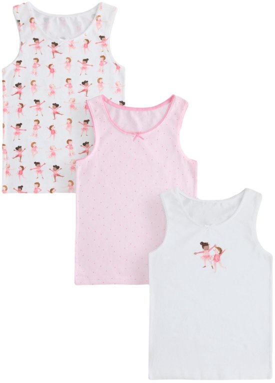 Set van 3 witte en roze hemdjes: één met ballerina print, één met roze stippen, één met ballerina print.