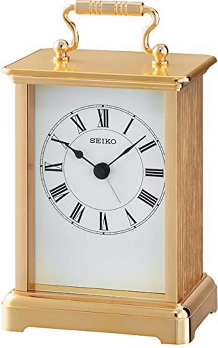 SnelShoppen - Moderne Seiko Tafelklok Goud Aluminium QHE093G, Goudkleurig, Perfect voor Woonkamer, Slaapkamer, Keuken, Decoratie, Luxe Stijl