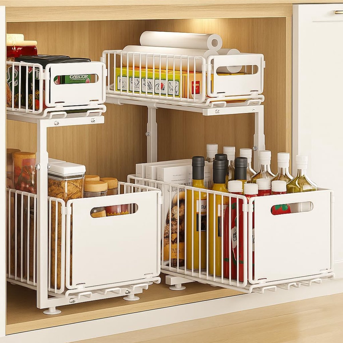 SnelShoppen - 2 Stuks 2 Etages Onder Waschbecken Regal Metaal, Wit | Onderkast Organizer, Keuken Organizer, Badkamer Schrank, Gewürzrek, Hoogte Verste