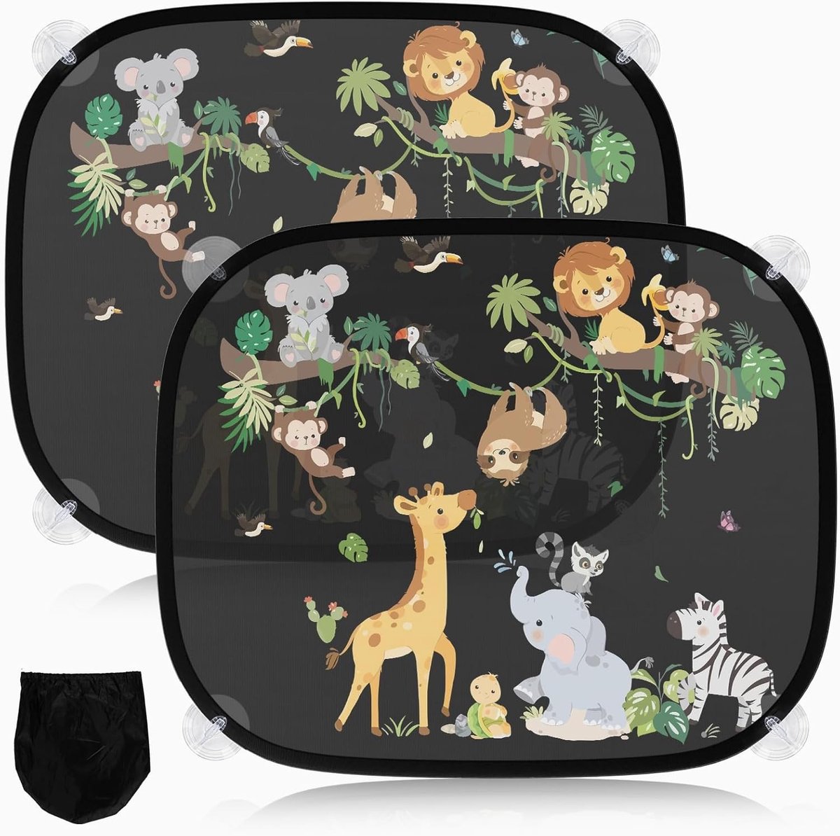 Set van 2 Baby Zonneschermen UV Bescherming 45 x 36,5 cm met 8 Zuignappen en Schattige Dierenontwerpen voor Auto en Kinderwagen