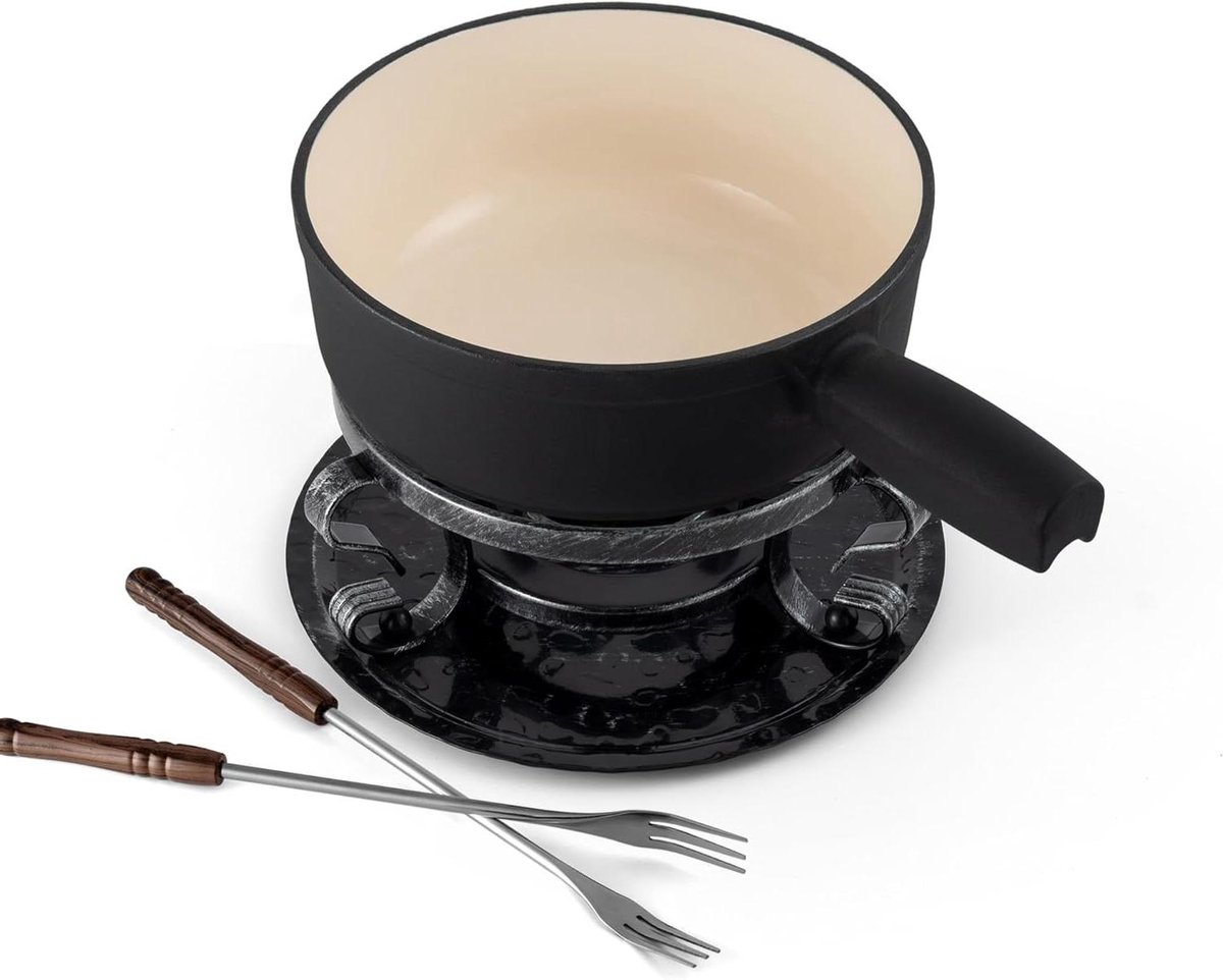 Fondueset 9-delig - Kaasfondue set - Gezellig tafelen - Gietijzeren pan - 2 Liter - Matzwart