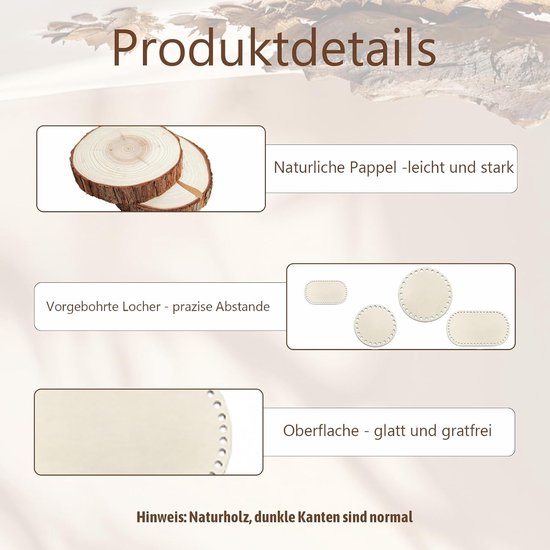 Houten mandbodems voor haken, set van 4 stuks, rond en ovaal met voorgeboorde gaten, perfect voor DIY manden en handtassen, opslagoplossingen en creatief knutselen — afbeelding 2