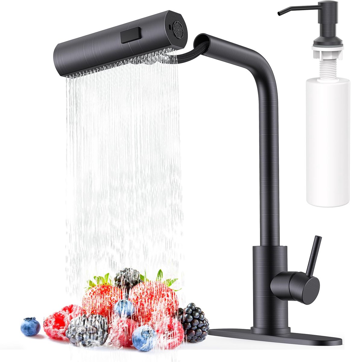 SnelShoppen - Keukenkraan met Pull-Down Sproeier, Olie Gewreven Brons, Waterval Touch, Enkel Gat Handvat, Roestvrij Staal, Moderne Gootsteen Kranen vo