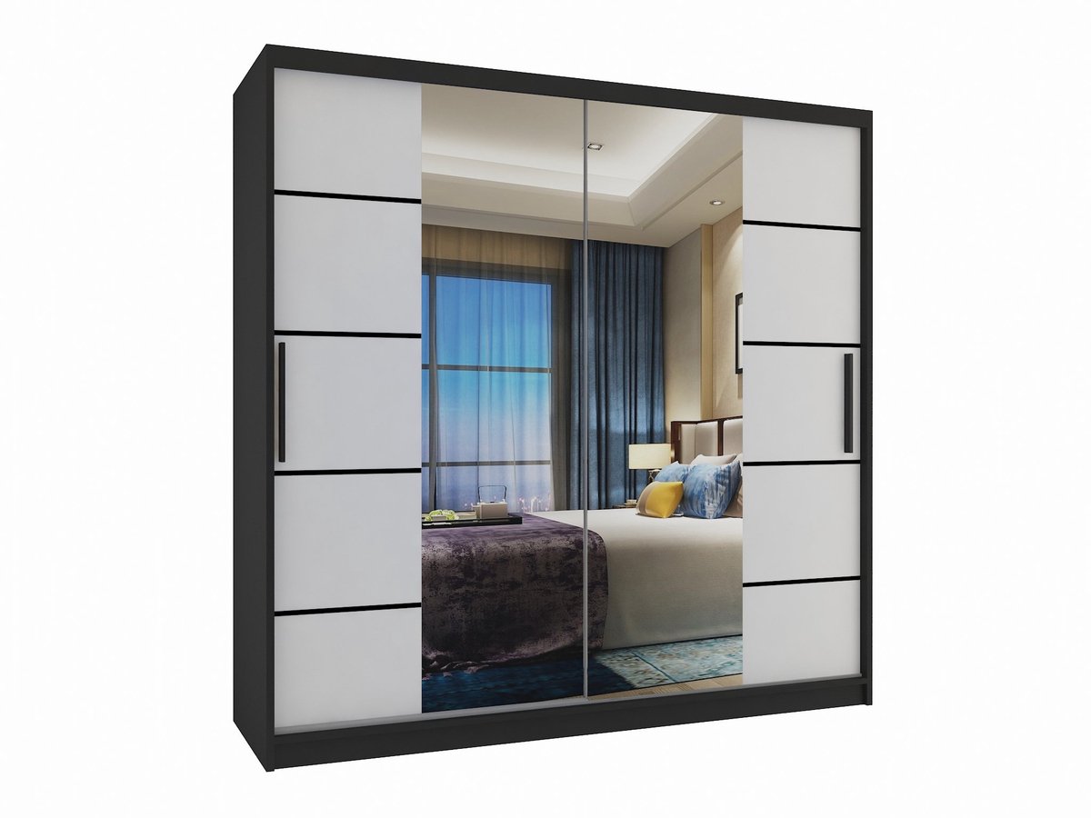 BELINI Verona ME Schuifdeurkast 200 cm Zwart/Wit Mat - Kledingkast met Spiegel - Comfort Line Slaapkamerkast