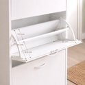Meuble à chaussures blanc ouvert avec dimensions des tiroirs : 11,5, 26, 13,5 cm de profondeur et 17, 30, 56,5 cm de largeur.