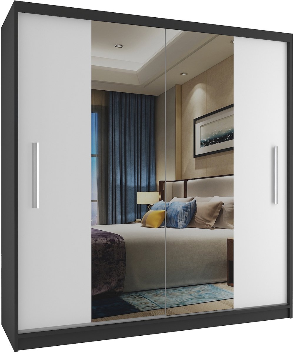 BELINI Verona ME Schuifdeurkast 158 cm Zwart/Wit Mat - Kledingkast met Spiegel - Comfort Line Slaapkamerkast