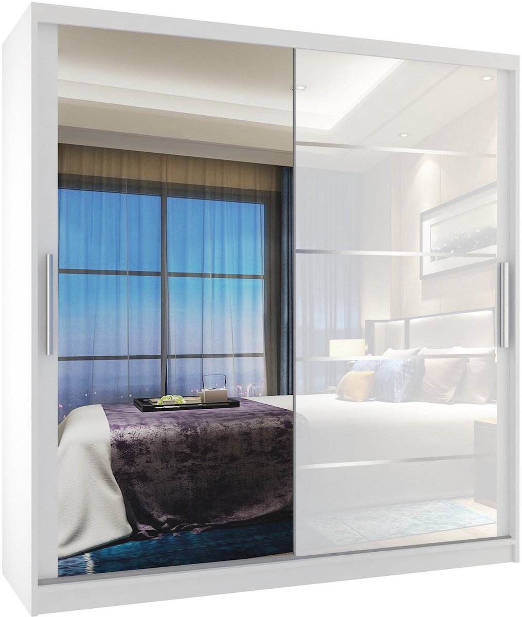 BELINI Verona MGB Schuifdeurkast 158 cm Wit Hoogglans - Kledingkast met Spiegel - Comfort Line Hoogglans