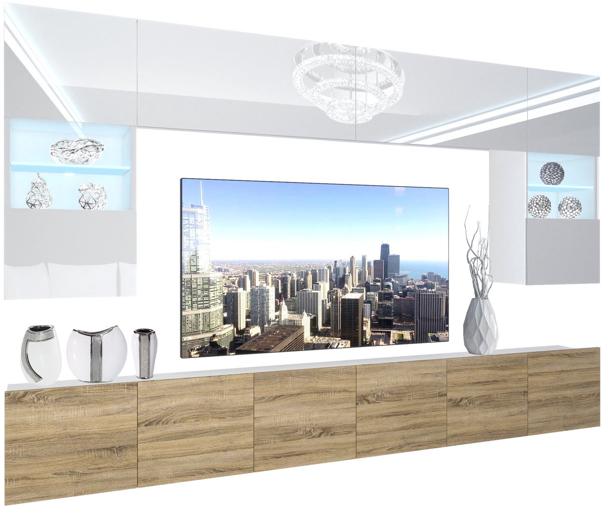 BELINI Wandmeubel NEX 1 - TV-Wandkast Set met LED-Verlichting Wit / Sonoma Eiken - Hoogglans Fronten