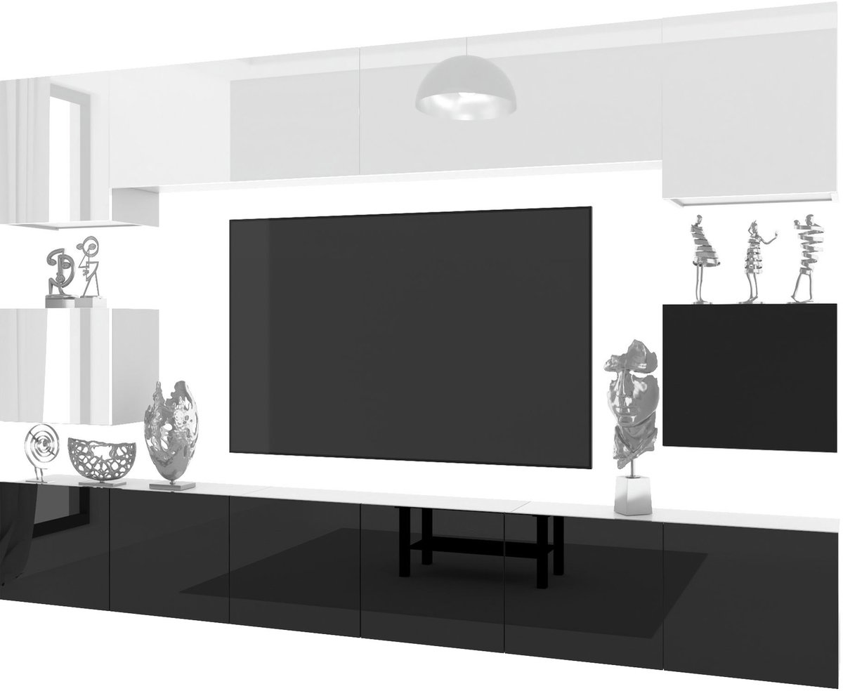 BELINI Wandmeubel Milano 3 300 cm Zwart Hoogglans/Wit Hoogglans - TV-Wand Greeploos - Moderne Woonwand met Gasliftsysteem - Modulair TV-Meubel