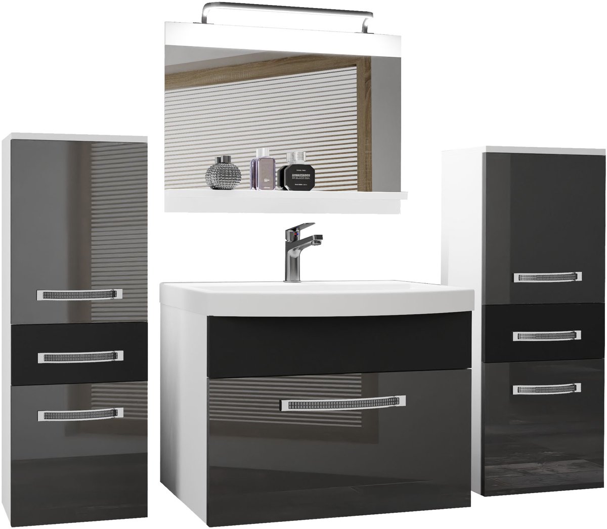 BELINI Badkamermeubel Set GLA PM 4 - Badmeubelset 140 cm Zilver Zwart Hoogglans met Wastafel, Spiegel en LED Lamp - Wandmontage