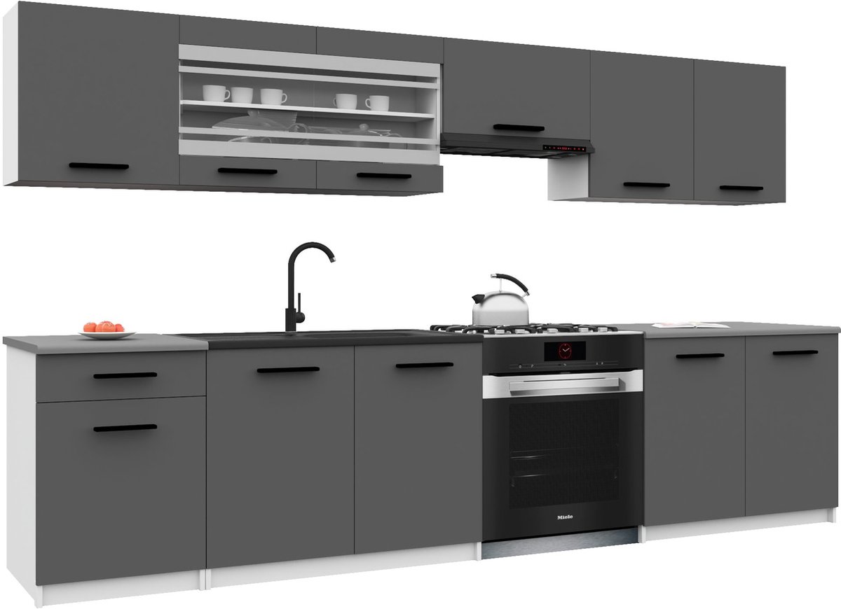 BELINI Keukenblok ITALIA 4 - Keukenmeubel Set 260 cm Grijs met Werkbladen - Boven- en Onderkasten
