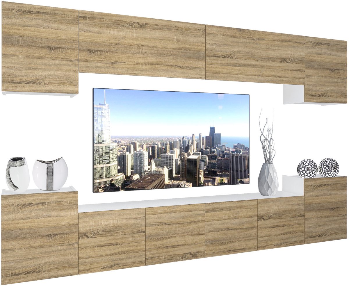 BELINI Wandmeubel NEX 4 - TV-Wandkast Set met LED-Verlichting Sonoma Eiken - Hoogglans Fronten
