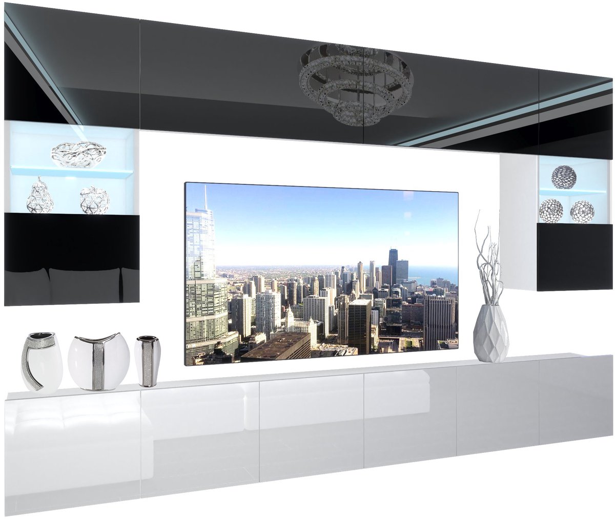 BELINI Wandmeubel NEX 1 - TV-Wandkast Set met LED-Verlichting Zwart / Wit - Hoogglans Fronten
