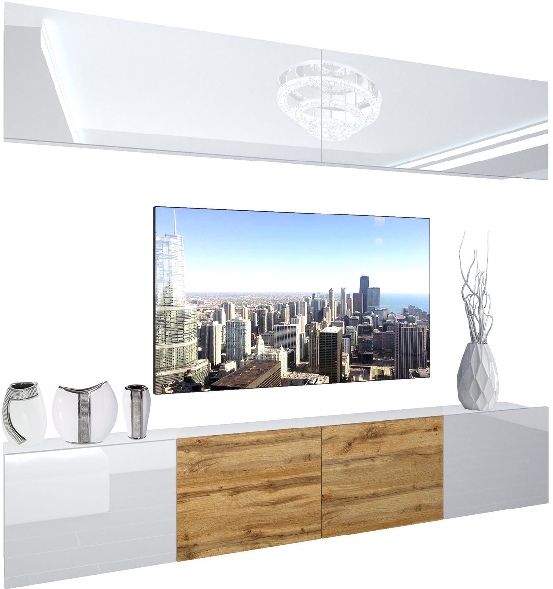 BELINI Wandmeubel NEX 6 - TV-Wandkast Set met LED-Verlichting Wit / Wotan Eiken - Hoogglans Fronten