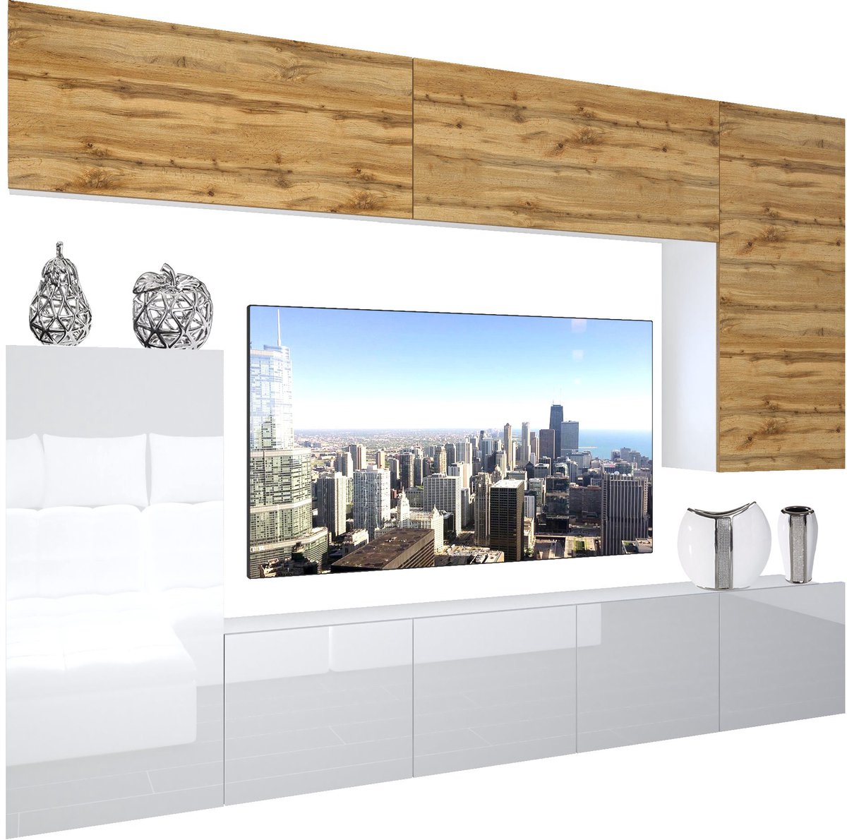 BELINI Wandmeubel NEX 8 - TV-Wandkast Set met LED-Verlichting Wotan Eiken / Wit - Hoogglans Fronten