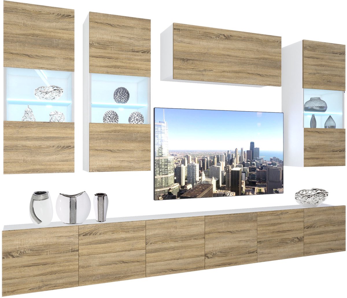 BELINI Wandmeubel NEX 5 - TV-Wandkast Set met LED-Verlichting Sonoma Eiken - Hoogglans Fronten