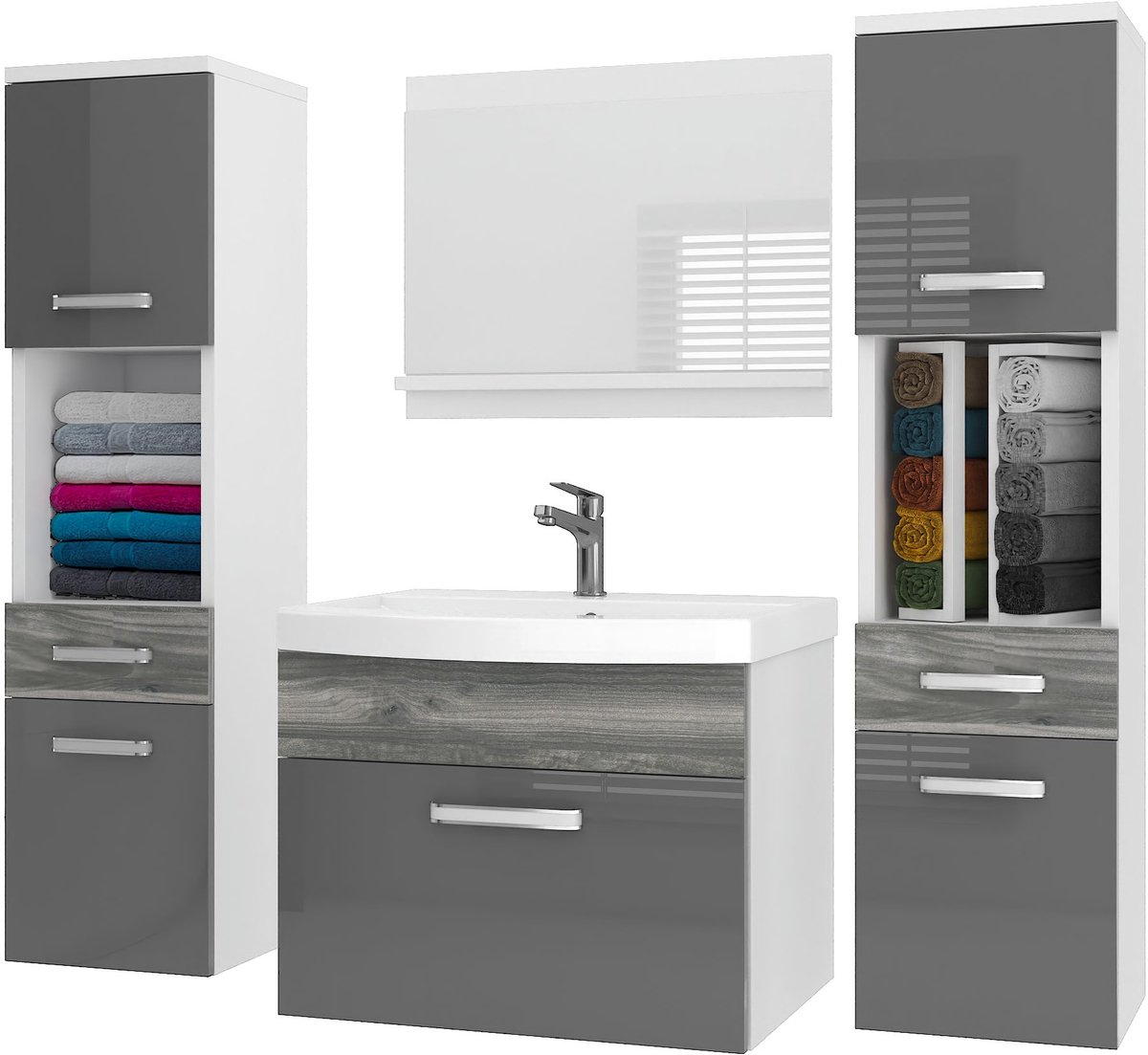 BELINI Badkamermeubel Set PRI PM6 - Badmeubelset 120 cm Grijs Glamour Hoogglans met Wastafel en Spiegel - Wandmontage