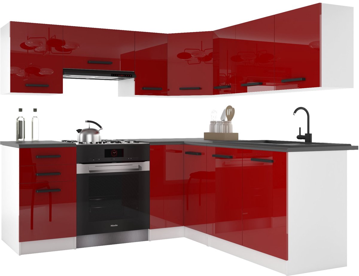 BELINI Keukenblok ITALIA 6 - Keukenmeubel Set 360 cm Rood met Werkbladen - Boven- en Onderkasten