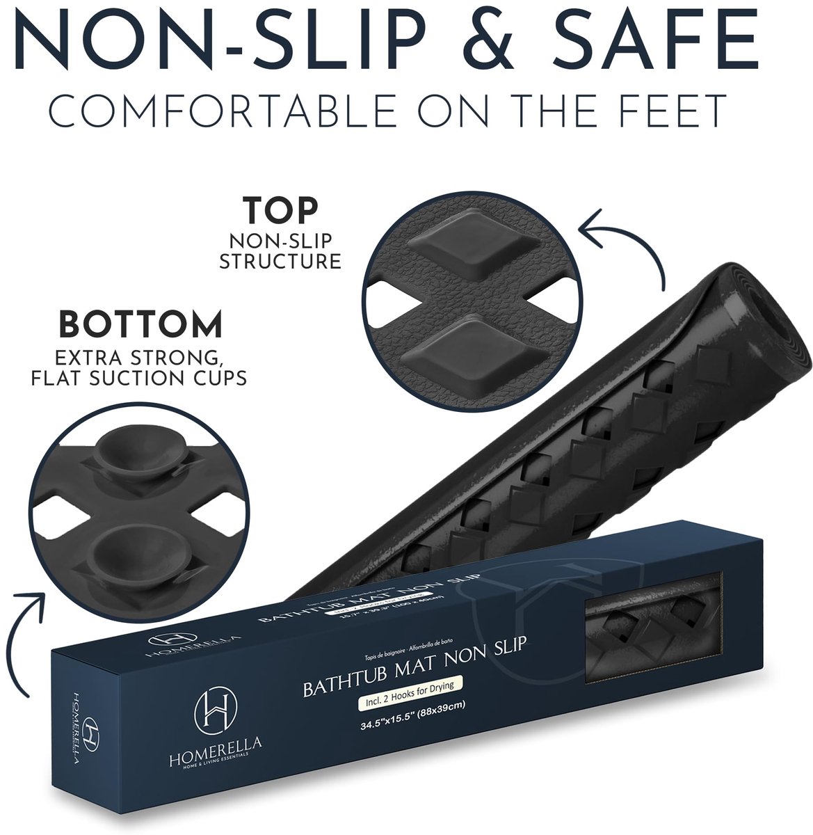 SnelShoppen - Antislip Badmat Ligbad 88x39cm BPA-vrij met 2 Haakjes Zwart - Veilig, Comfortabel en Stijlvol voor Badkamer en Douche